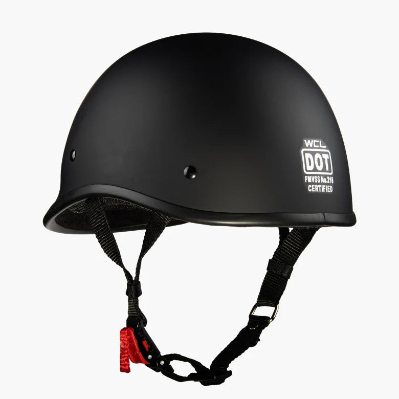 Black helmet with visible 'DOT' certification on a white background