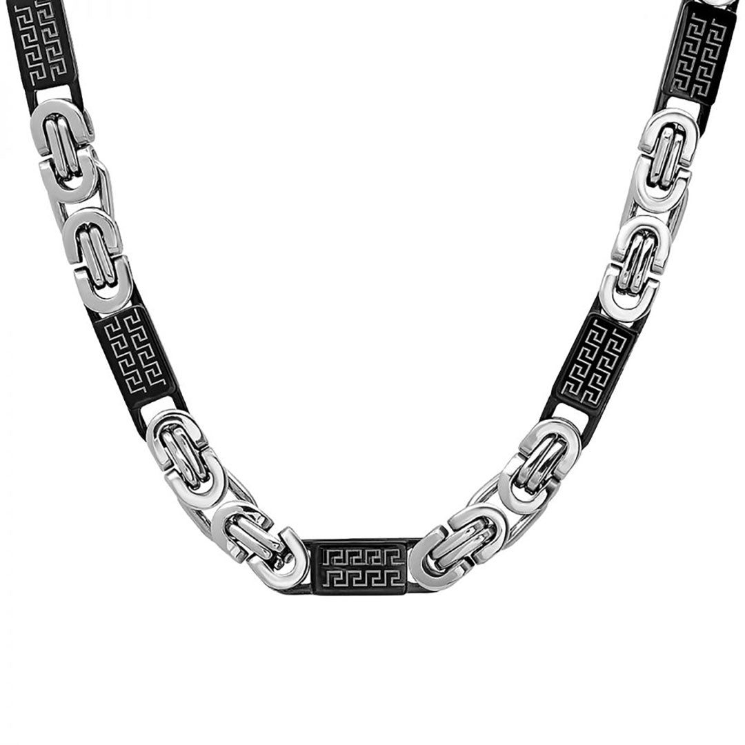 SteelTime Men's Two Tone Stainless Steel and Black IP Byzantine Necklace with Greek Key Accents