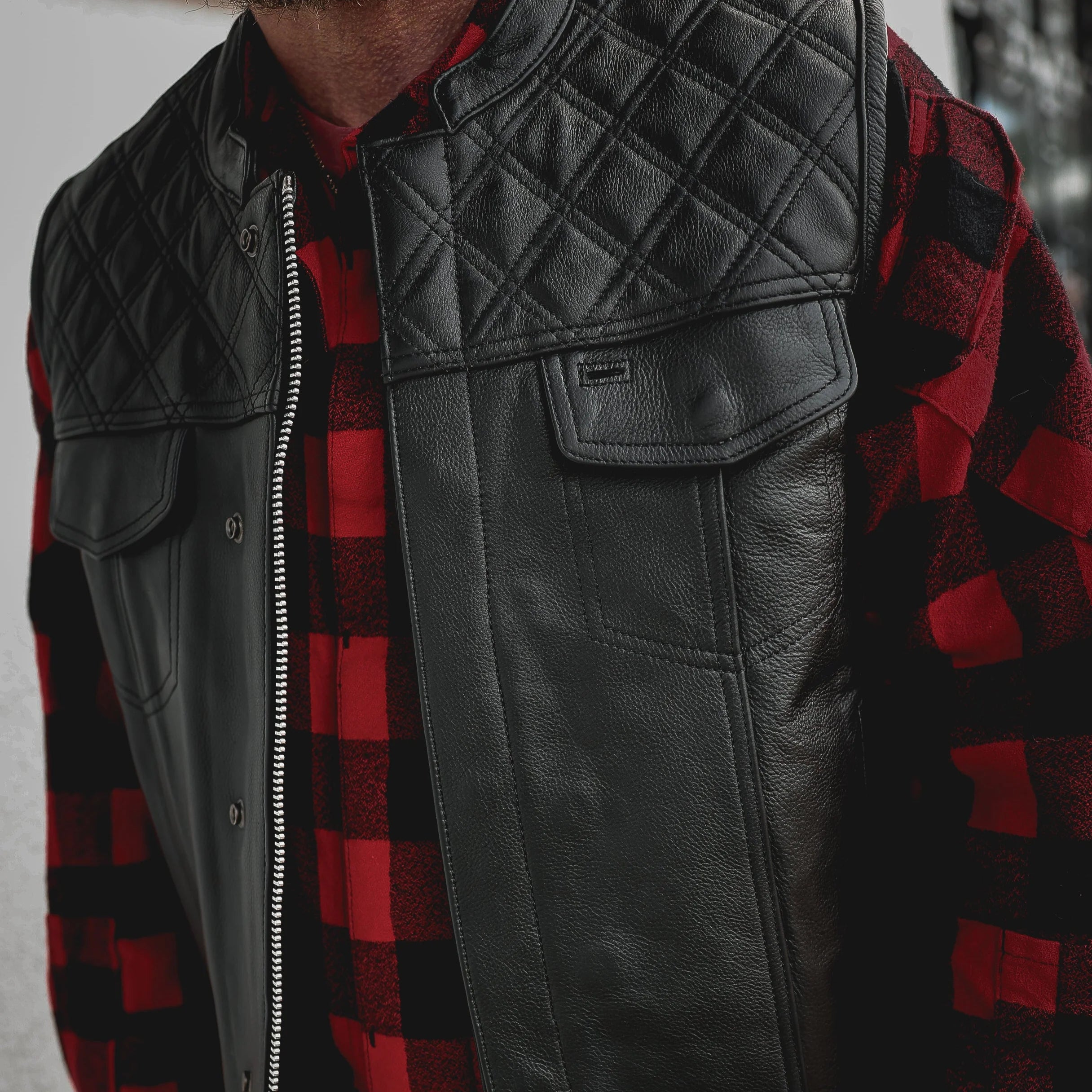 Open Road Men's Upside Leather with Black Stitched Diamonds Vest