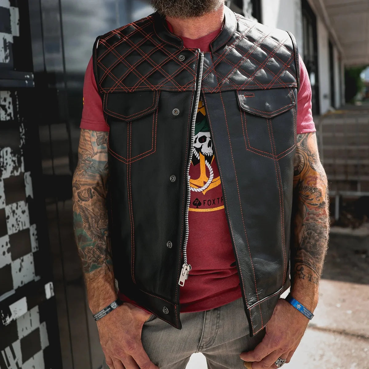 Open Road Men's Upside Leather with Red Stitched Diamonds Vest