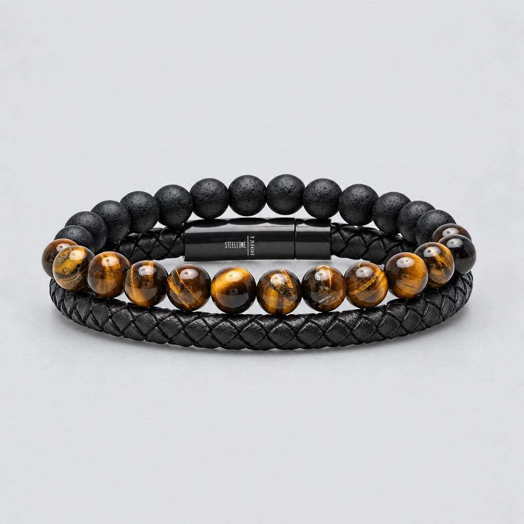 Men’s 2-Piece Bracelet Set. Brown Braided Leather & Tiger Eye with Black Lava Beads - Boutique of Leathers/Open Road