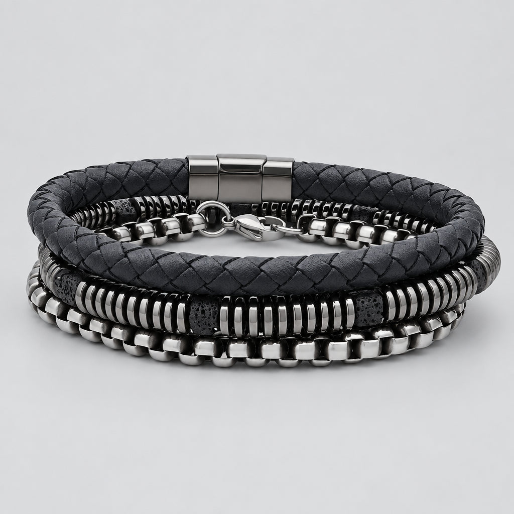 SteelTime Men's Black Leather and Stainless Steel Bracelets with Haematite and Lava Stone - Boutique of Leathers/Open Road
