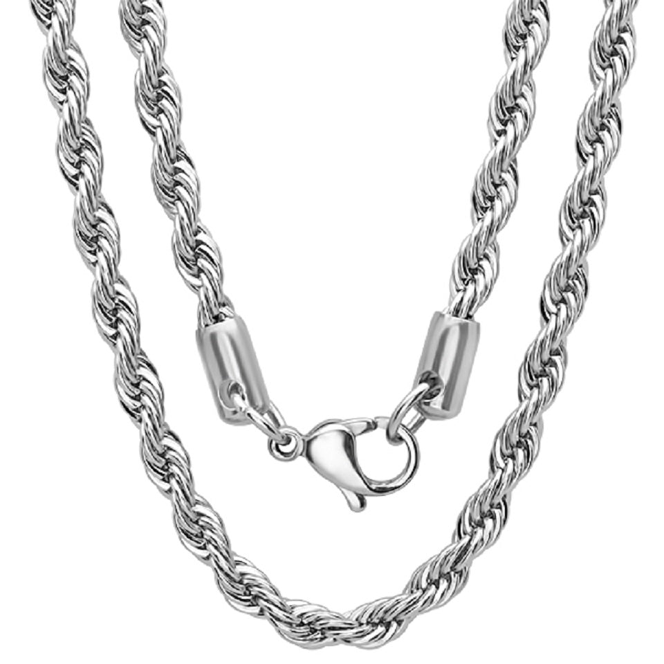 Men’s 24" Stainless Steel Silver Rope Chain Necklace. Heavy-Duty Biker Necklace