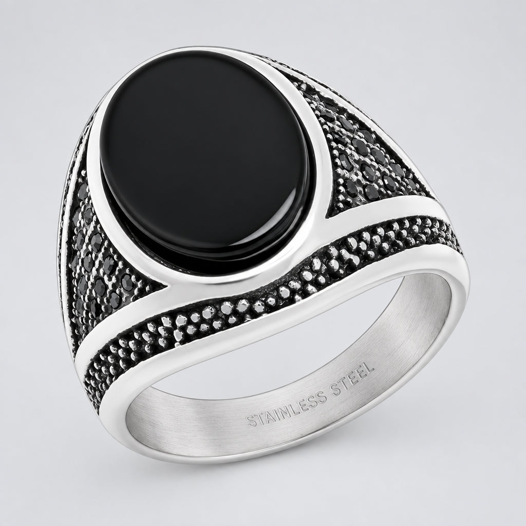 Men’s Stainless Steel Oval Black Stone Signet Ring. Biker Style with Textured Detail - Boutique of Leathers/Open Road