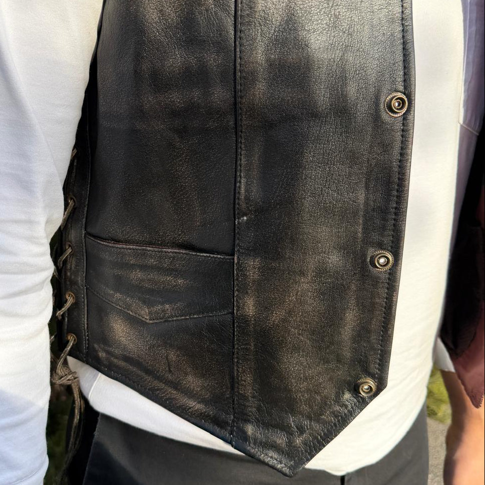 Men’s Buffalo Leather Biker Vest. Adjustable Side Lace Vest