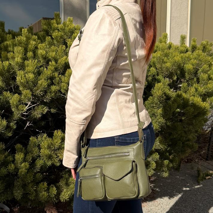 Greenwood Leather Multi-Pocket Crossbody Bag. Premium Pebbled Leather Handbag - Boutique of Leathers/Open Road