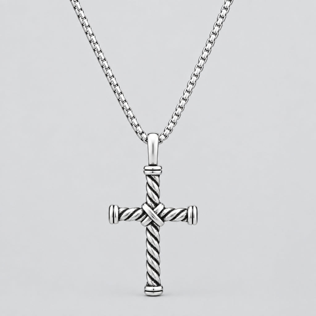 Men’s Stainless Steel Twisted Cable Cross Pendant Necklace. Oxidized Biker Jewellery - Boutique of Leathers/Open Road