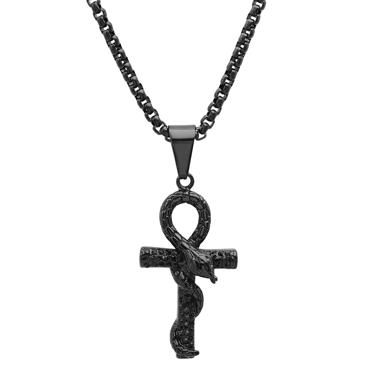 Men’s Black IP Stainless Steel Snake & Cross Pendant Biker Necklace