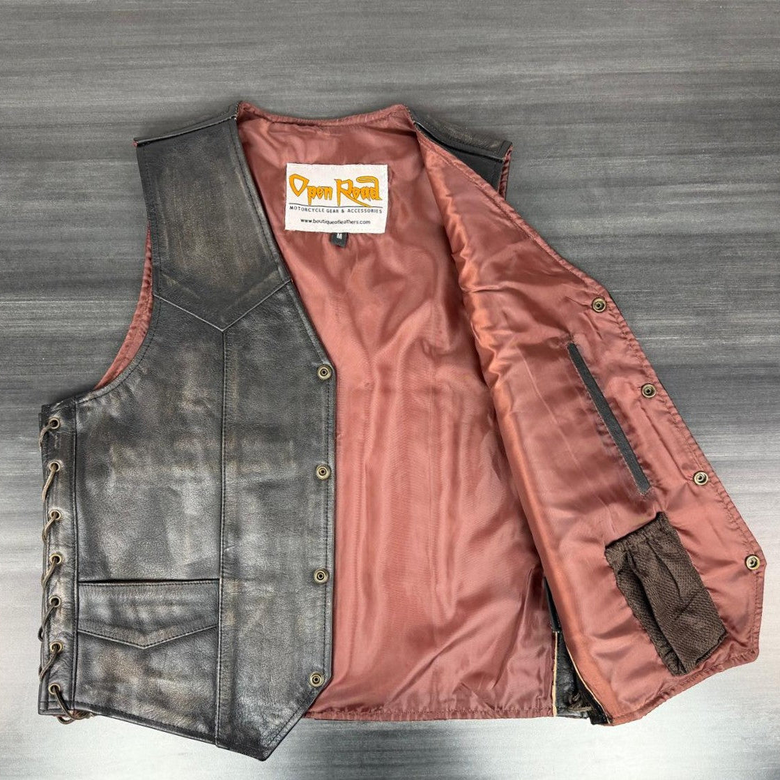 Men’s Buffalo Leather Biker Vest. Adjustable Side Lace Vest