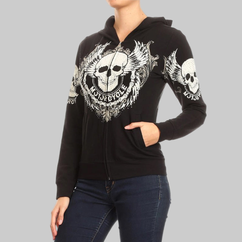 Women's Motorcycle Zip Up Hoodie with Rhinestone Skull & Wings - Boutique of Leathers/Open Road