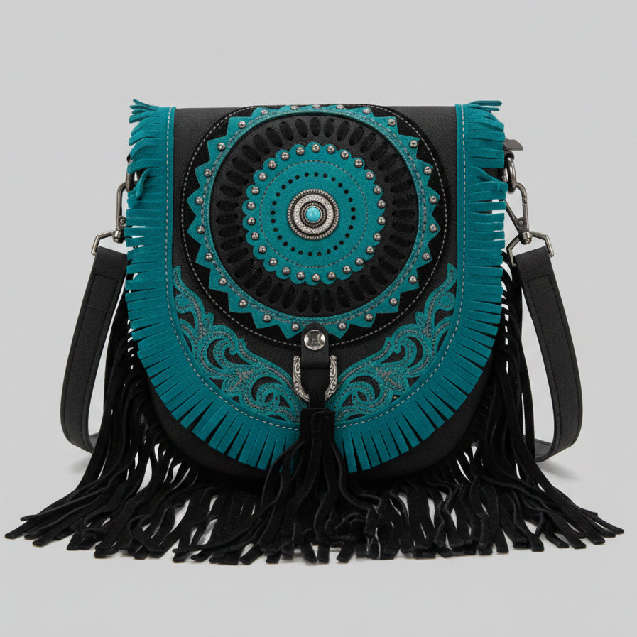 Montana West Concho Fringe Saddle Bag. Western Crossbody Bag with Turquoise Accents - Boutique of Leathers/Open Road