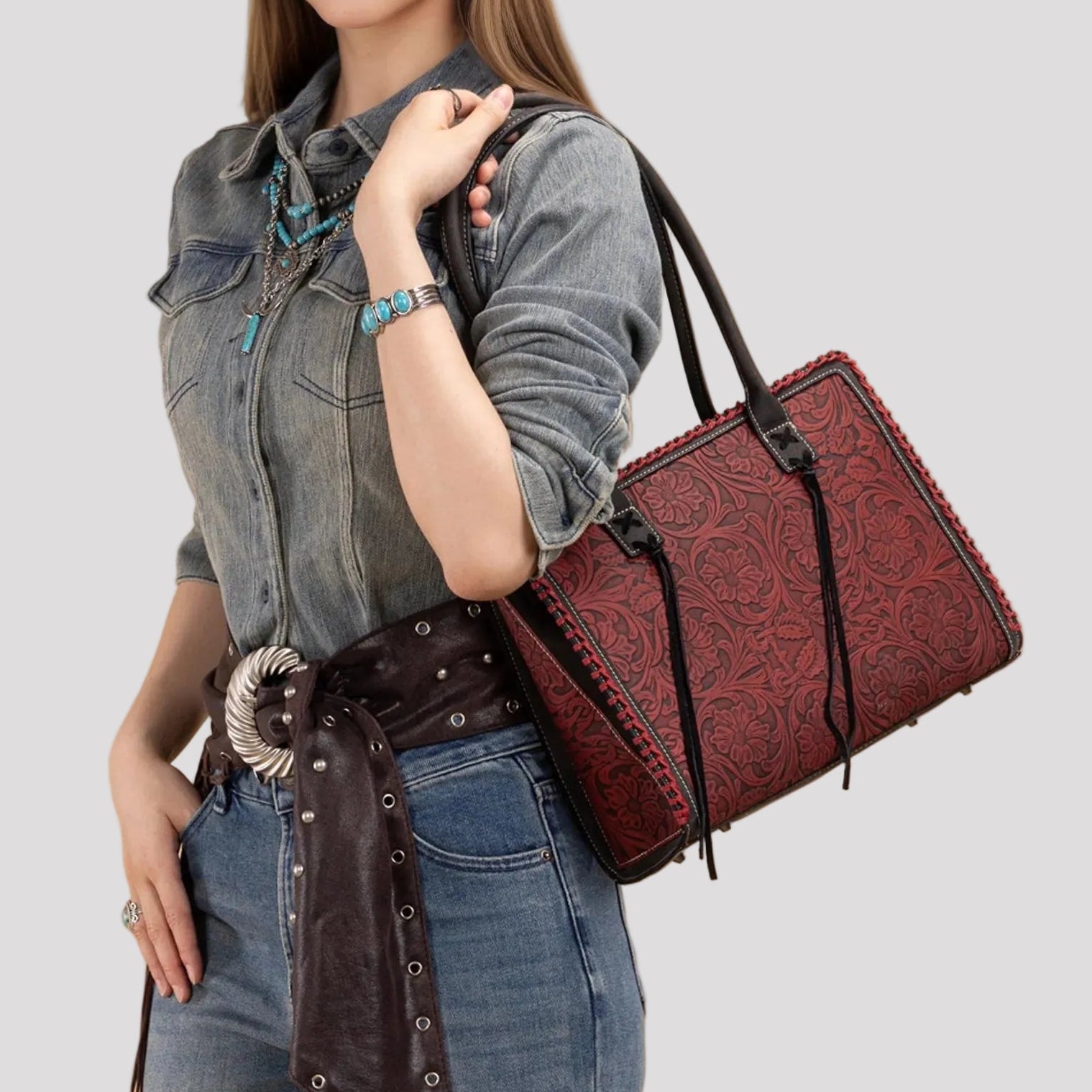 Montana West Vintage Tooled Tote Bag. Floral Embossed Western Handbag