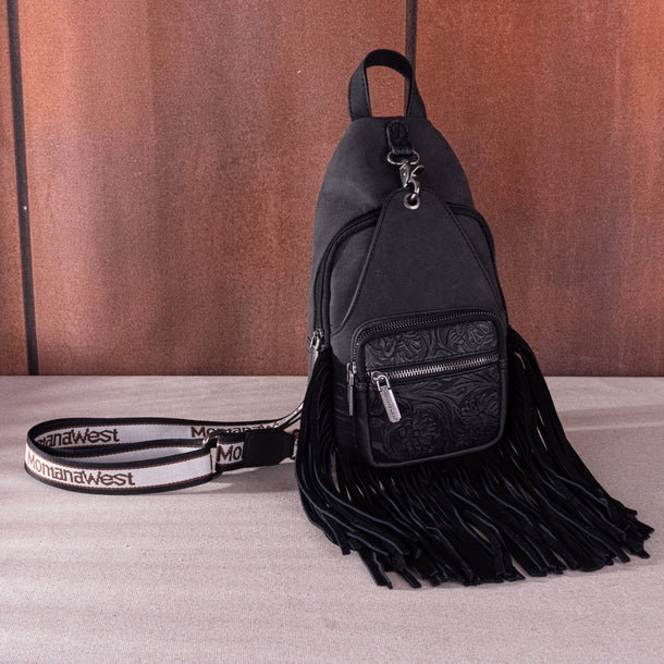 Montana West Tooled Fringe Sling Bag. Western PU Leather Floral Crossbody with Adjustable Strap - Boutique of Leathers/Open Road