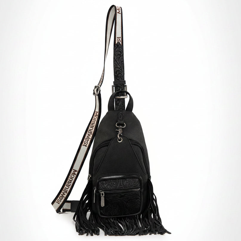 Montana West Tooled Fringe Sling Bag. Western PU Leather Floral Crossbody with Adjustable Strap - Boutique of Leathers/Open Road