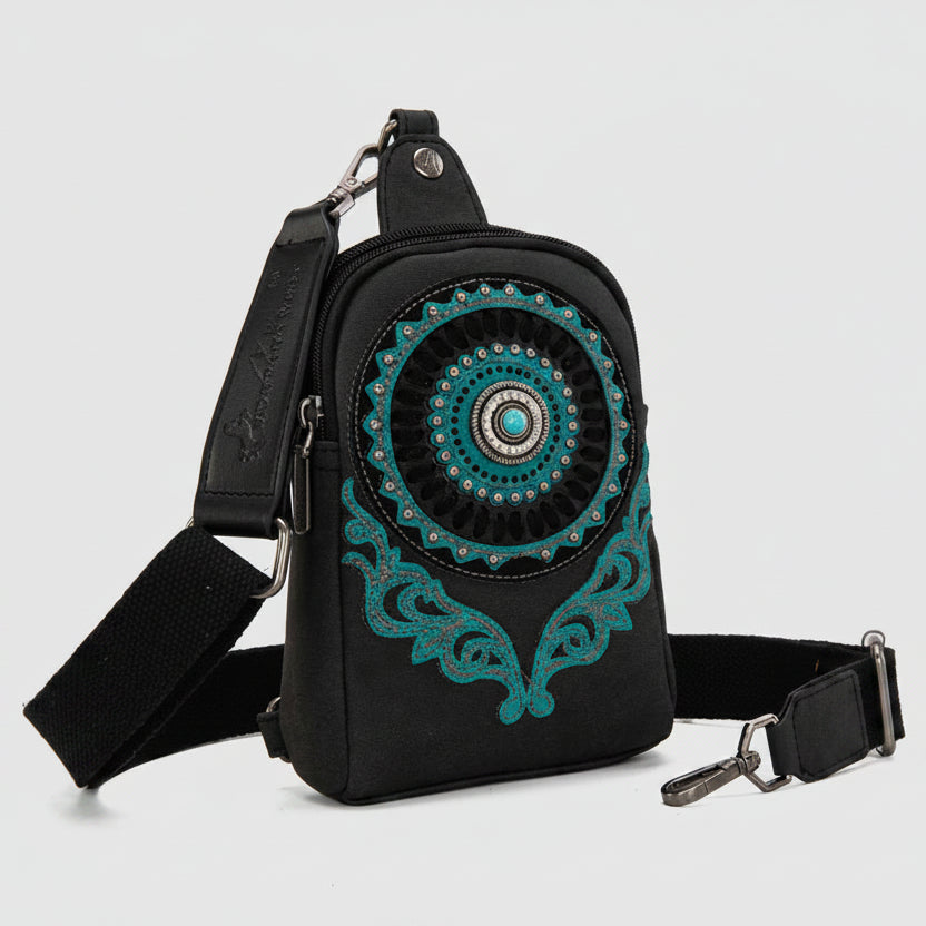 Montana West Concho Embroidered Sling Bag. Western Crossbody with Turquoise Rhinestone & Whipstitch Detail - Boutique of Leathers/Open Road