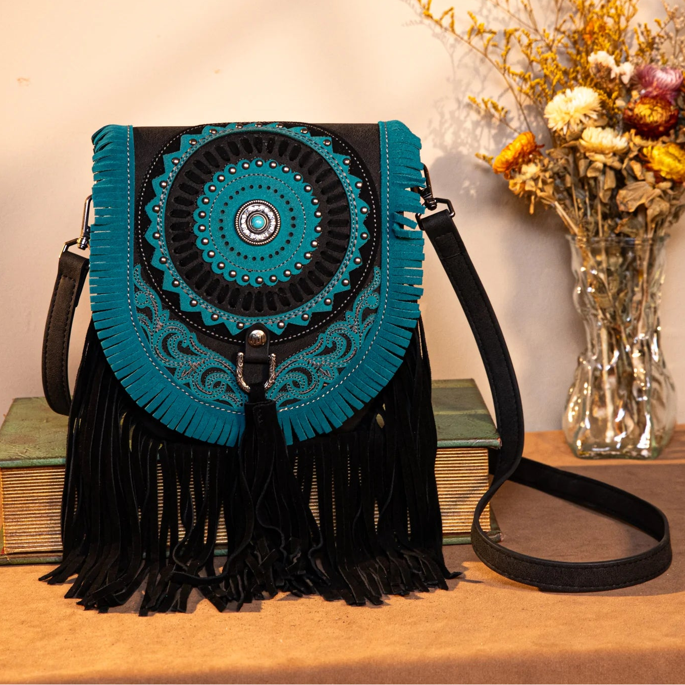 Montana West Concho Fringe Saddle Bag. Western Crossbody Bag with Turquoise Accents - Boutique of Leathers/Open Road