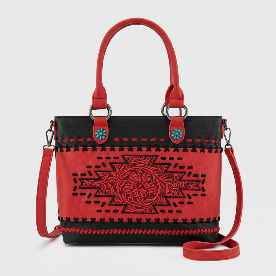 Montana West Western Tooled Aztec Tote. Structured PU Leather Crossbody with Turquoise Accents