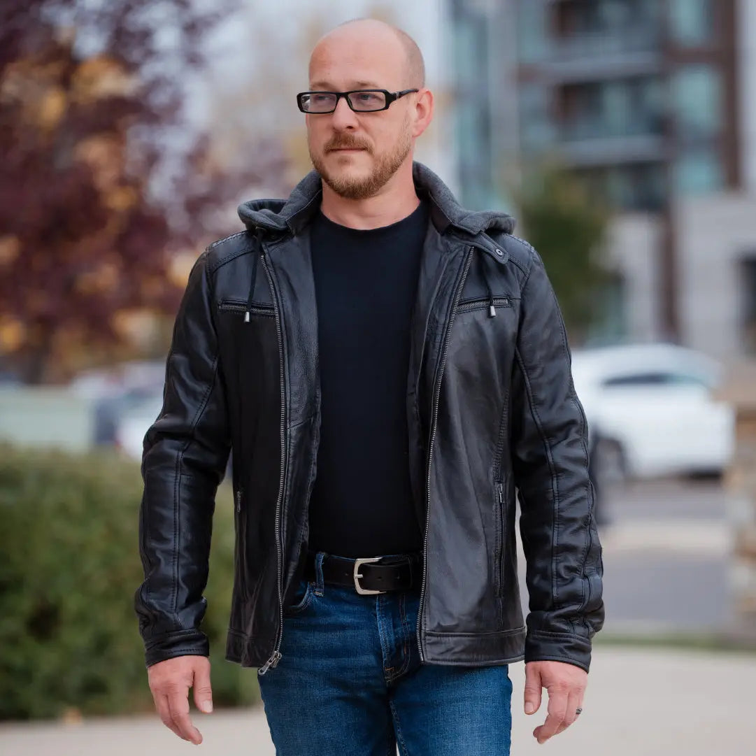 BOL Men's Hooded Snap Collar Leather Jacket Men's Leather Jackets Boutique of Leathers/Open Road