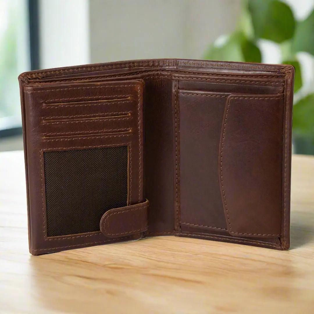 Mens brown leather wallet with coin pocket hotsell