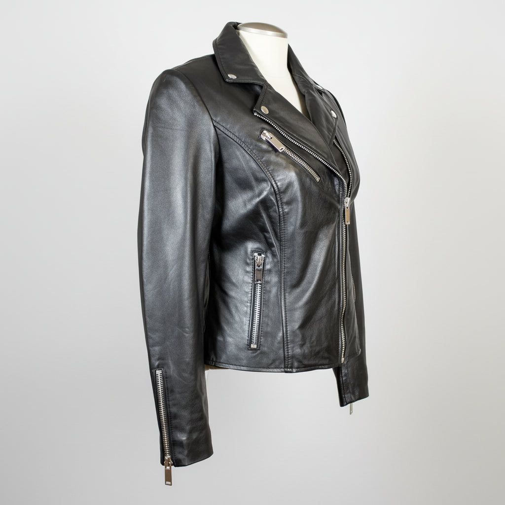 Women's Premium Lamb Leather Moto Jacket with Asymmetrical Zippers