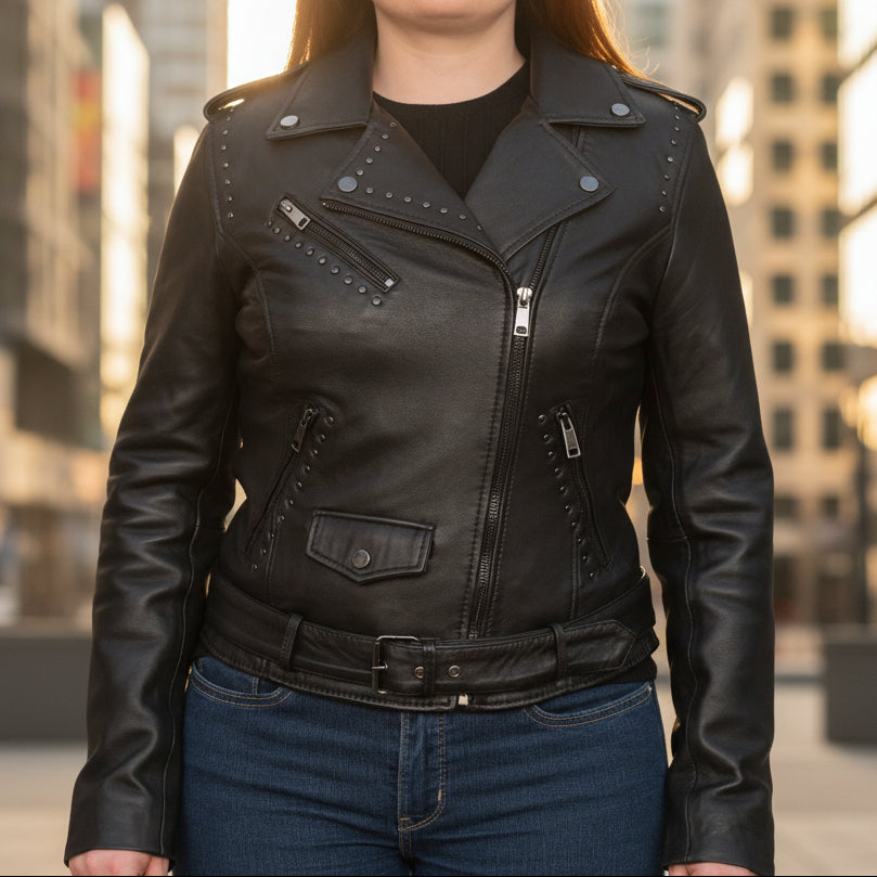 BOL Women’s Nova Leather Moto Jacket. Shadow Chrome Studded Biker Jacket with Waist Belt - Boutique of Leathers/Open Road