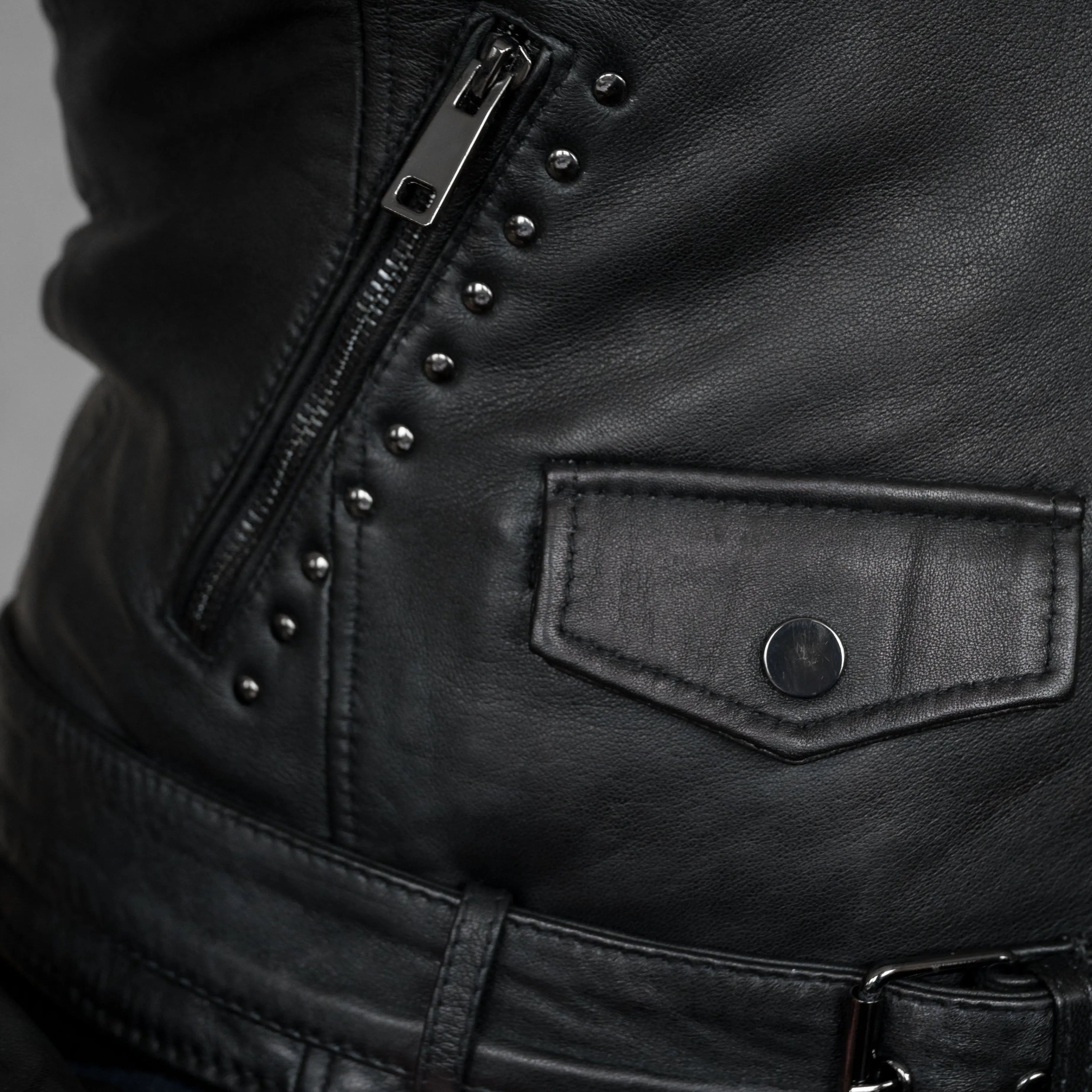 BOL Women’s Nova Leather Moto Jacket. Shadow Chrome Studded Biker Jacket with Waist Belt - Boutique of Leathers/Open Road