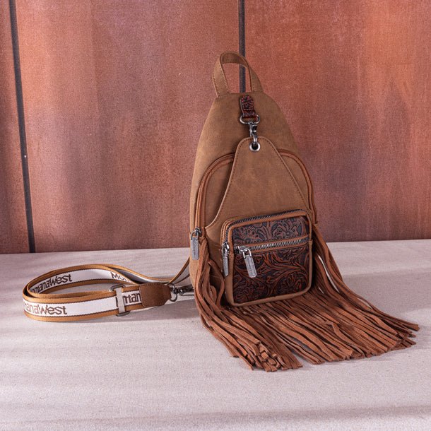 Montana West Tooled Fringe Sling Bag. Western PU Leather Floral Crossbody with Adjustable Strap - Boutique of Leathers/Open Road