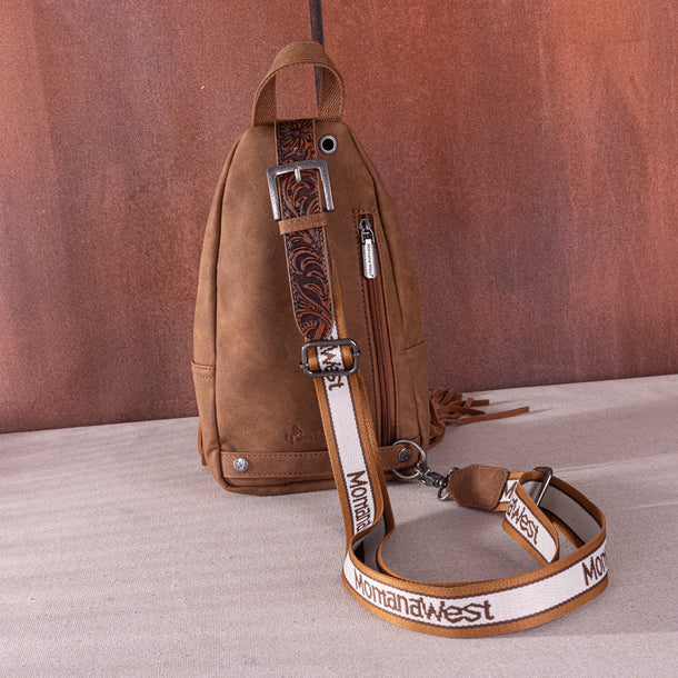 Montana West Tooled Fringe Sling Bag. Western PU Leather Floral Crossbody with Adjustable Strap - Boutique of Leathers/Open Road