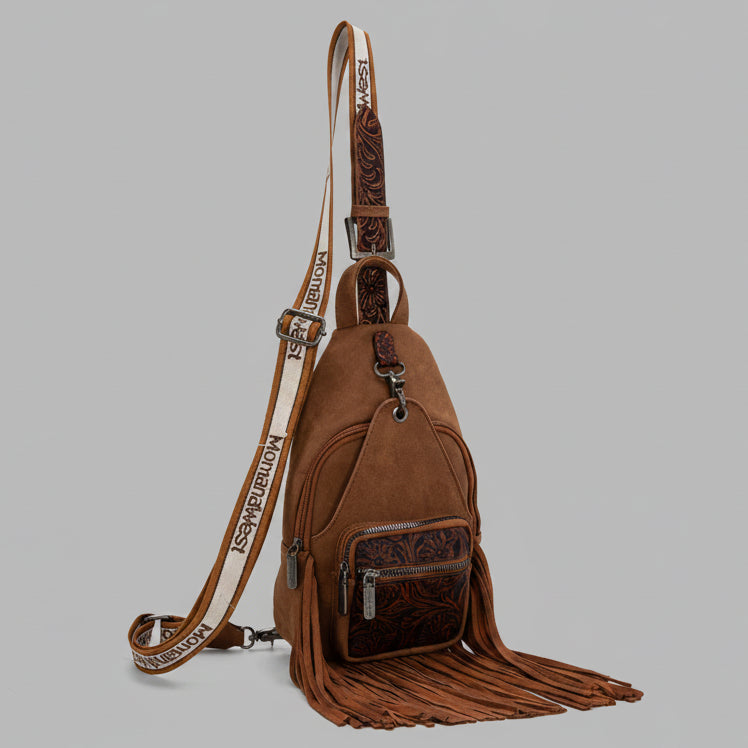 Montana West Tooled Fringe Sling Bag. Western PU Leather Floral Crossbody with Adjustable Strap - Boutique of Leathers/Open Road