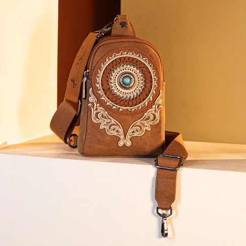 Montana West Concho Embroidered Sling Bag. Western Crossbody with Turquoise Rhinestone & Whipstitch Detail - Boutique of Leathers/Open Road