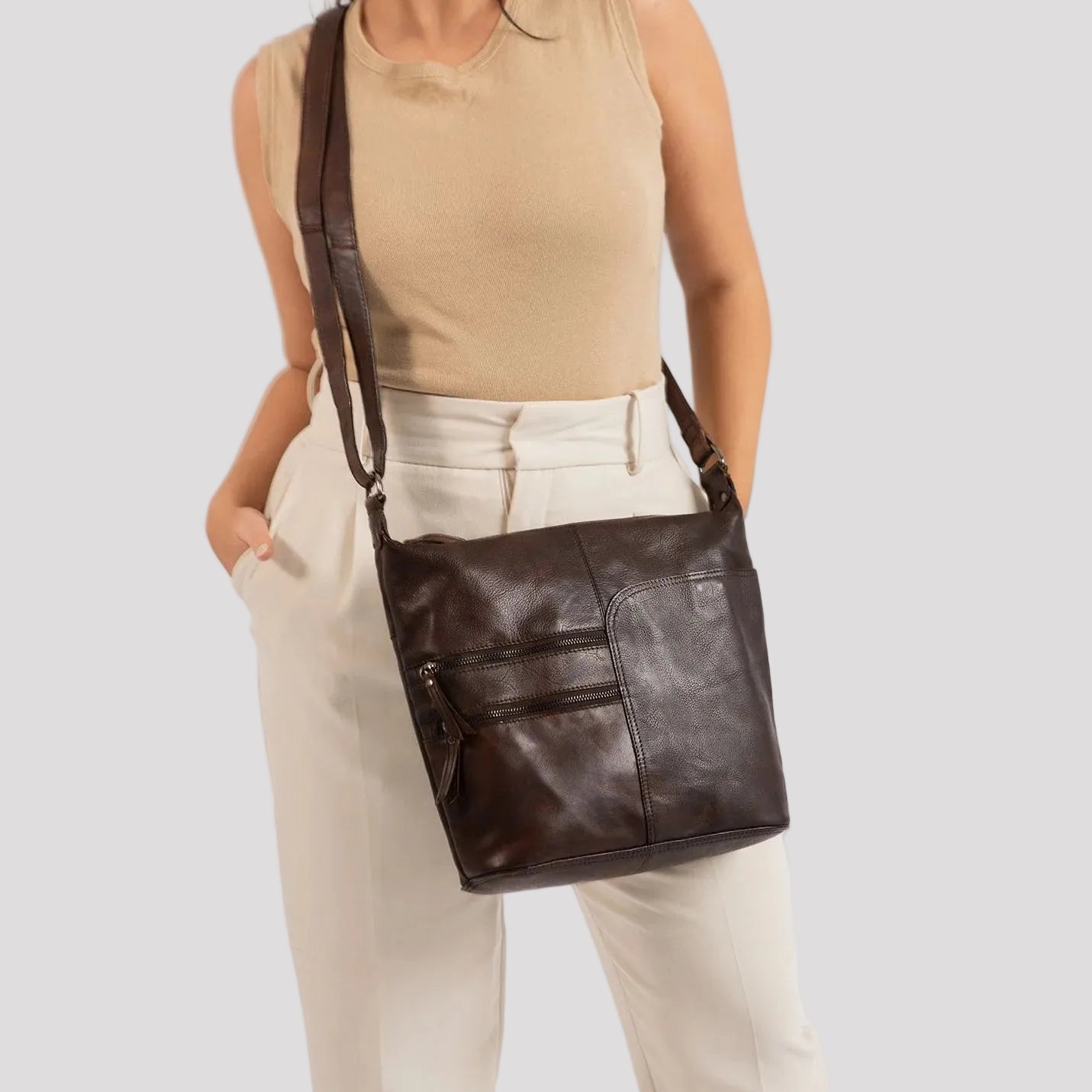 Greenwood Leather Shoulder Bag with 2 Zip Pockets - Boutique of Leathers/Open Road