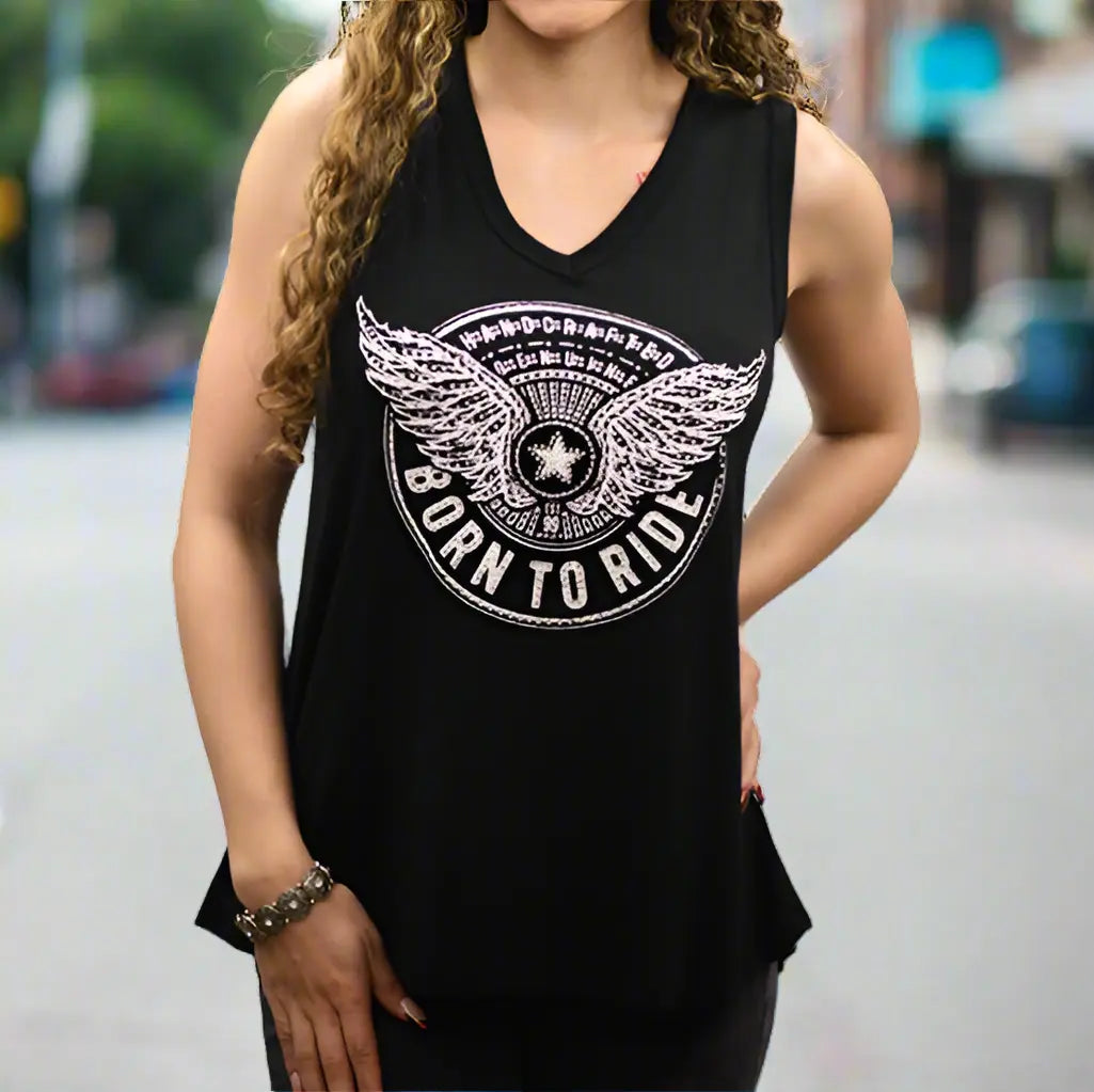 Born to Ride Tank with Star & Wings Graphic and Lace Back Details Women's Shirts & Tees Boutique of Leathers/Open Road