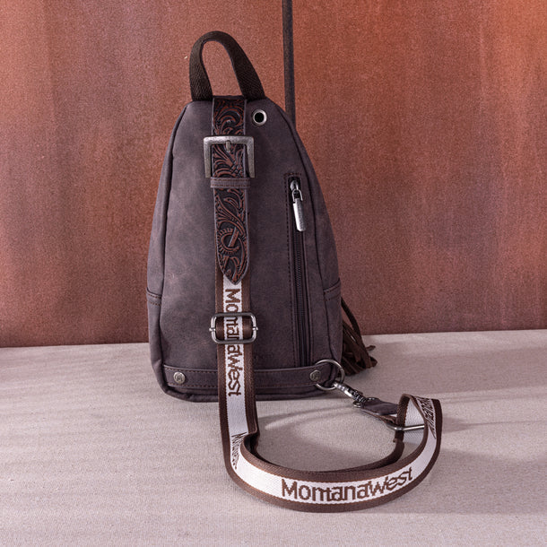Montana West Tooled Fringe Sling Bag. Western PU Leather Floral Crossbody with Adjustable Strap - Boutique of Leathers/Open Road