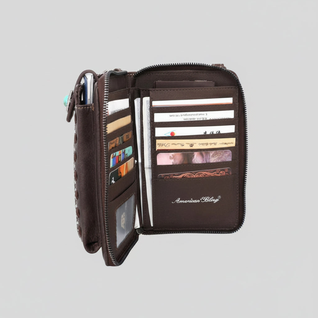 Montana West Embroidered Phone Wallet. Western Crossbody Cell Phone Bag with Turquoise Concho - Boutique of Leathers/Open Road