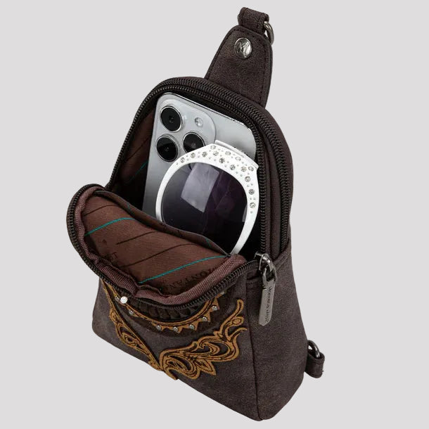 Montana West Concho Embroidered Sling Bag. Western Crossbody with Turquoise Rhinestone & Whipstitch Detail - Boutique of Leathers/Open Road