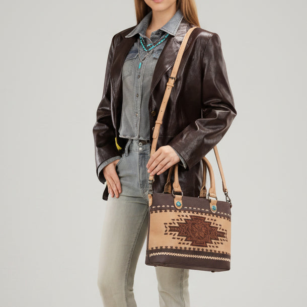 Montana West Western Tooled Aztec Tote. Structured PU Leather Crossbody with Turquoise Accents - Boutique of Leathers/Open Road
