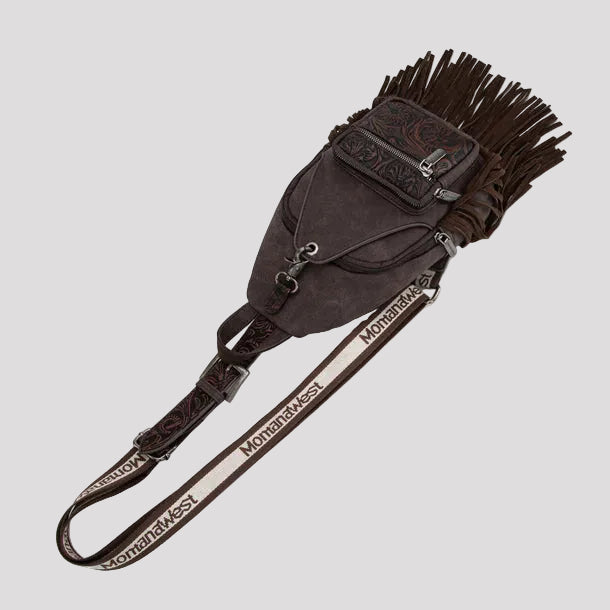 Montana West Tooled Fringe Sling Bag. Western PU Leather Floral Crossbody with Adjustable Strap - Boutique of Leathers/Open Road