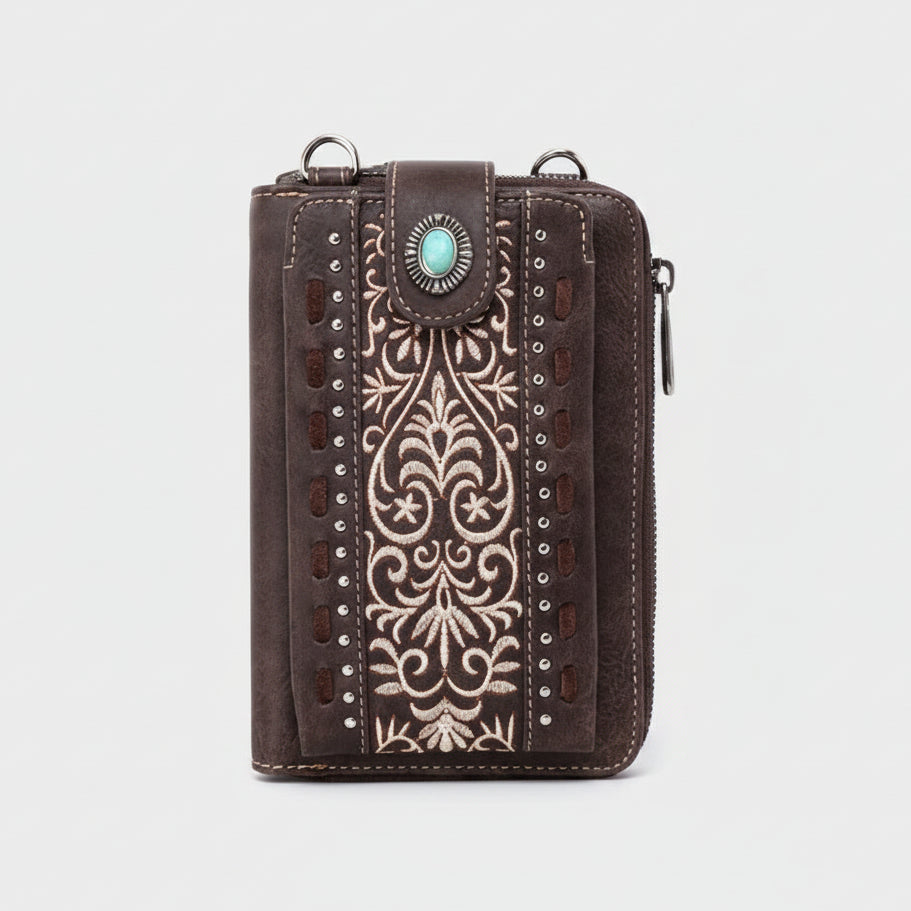 Montana West Embroidered Phone Wallet. Western Crossbody Cell Phone Bag with Turquoise Concho - Boutique of Leathers/Open Road