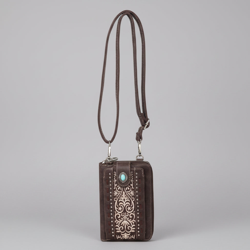 Montana West Embroidered Phone Wallet. Western Crossbody Cell Phone Bag with Turquoise Concho - Boutique of Leathers/Open Road