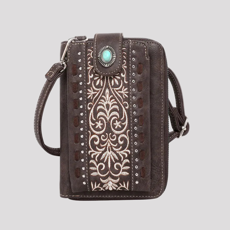 Montana West Embroidered Phone Wallet. Western Crossbody Cell Phone Bag with Turquoise Concho - Boutique of Leathers/Open Road