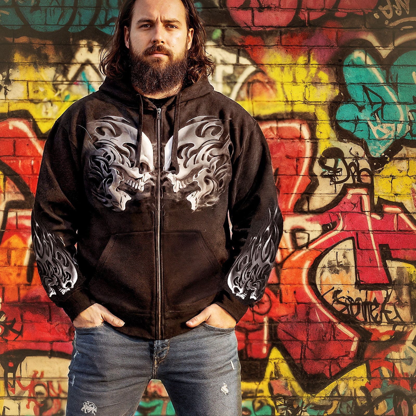 BOL Men's Head Butt Skulls Zipper Hoodie