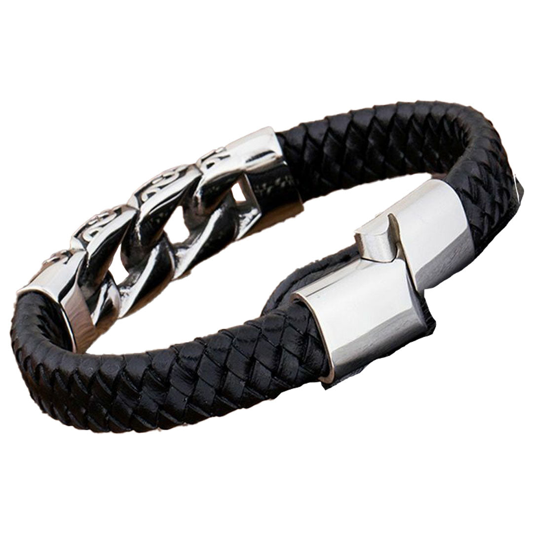 GoSteel Men's Leather and Steel Cuban Link Bracelet