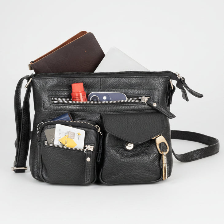 Greenwood Leather Multi-Pocket Crossbody Bag. Premium Pebbled Leather Handbag - Boutique of Leathers/Open Road