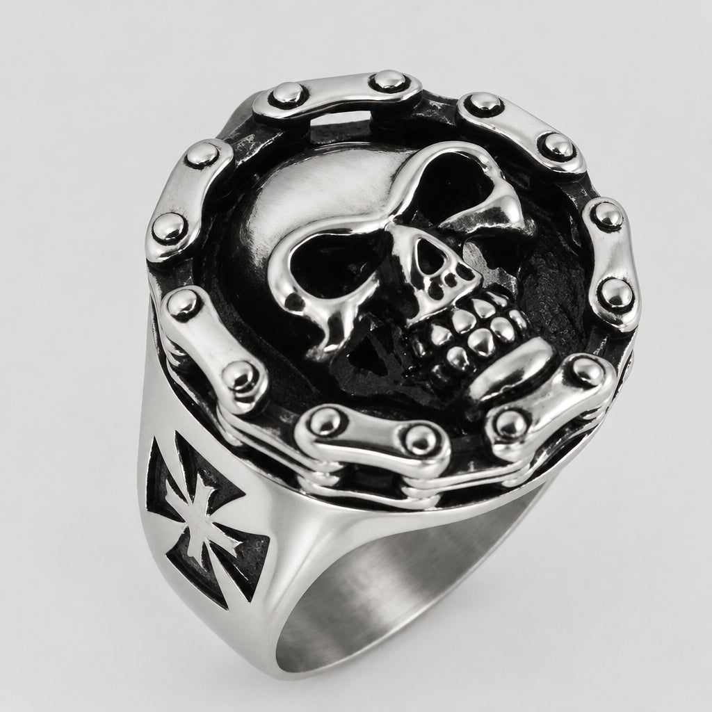 GoSteel Men's Cycle Chain Gothic Skull Ring - Boutique of Leathers/Open Road