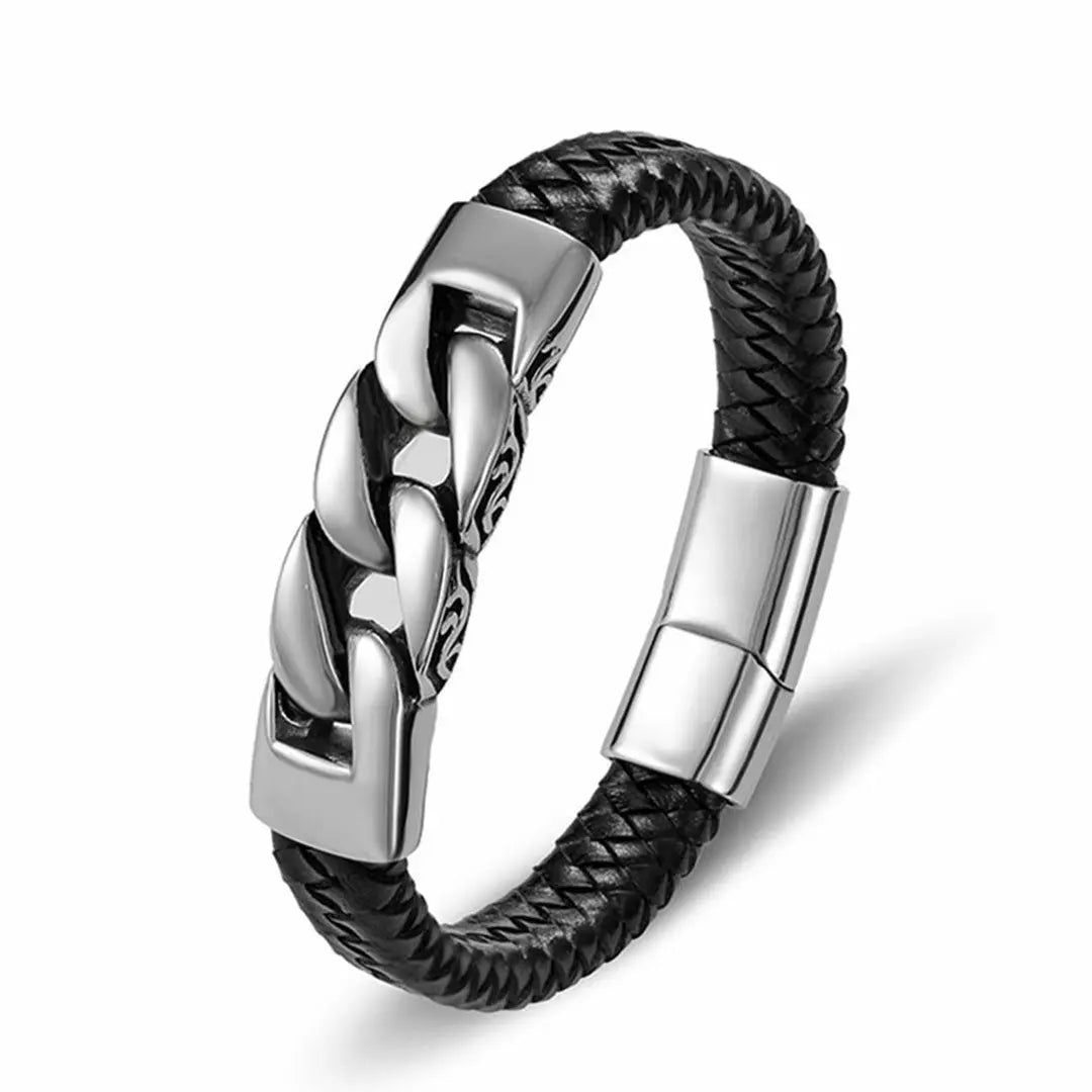 GoSteel Men's Leather and Steel Cuban Link Bracelet Men's Jewelry Boutique of Leathers/Open Road