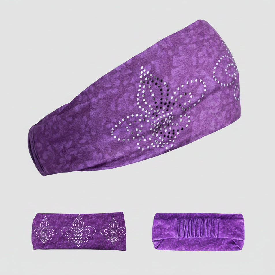 A purple athletic headband with a subtle leopard print pattern, featuring a large rhinestone-embellished butterfly design on the front. The image shows the headband folded in three different states: laid flat, rolled, and compressed, all on a solid white background.
