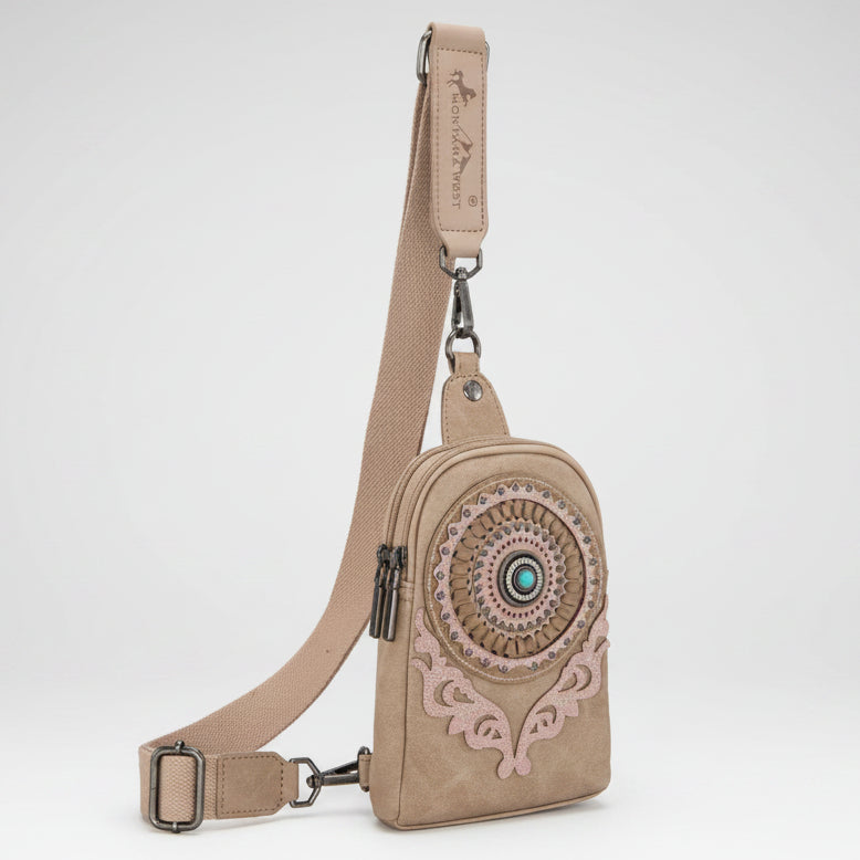 Montana West Concho Embroidered Sling Bag. Western Crossbody with Turquoise Rhinestone & Whipstitch Detail