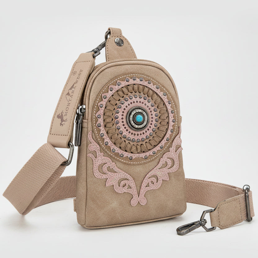 Montana West Concho Embroidered Sling Bag. Western Crossbody with Turquoise Rhinestone & Whipstitch Detail - Boutique of Leathers/Open Road