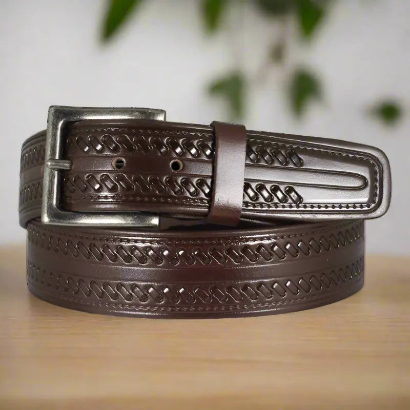 Keldon Leather Men s Whipstitch Tooled Leather Removable Buckle Belt Dark Brown 32