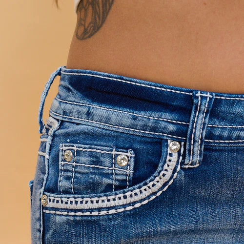 Westfield Eagle Women’s Embroidered Stretchy Denim Shorts. Low Rise Studded Shorts with Rhinestones